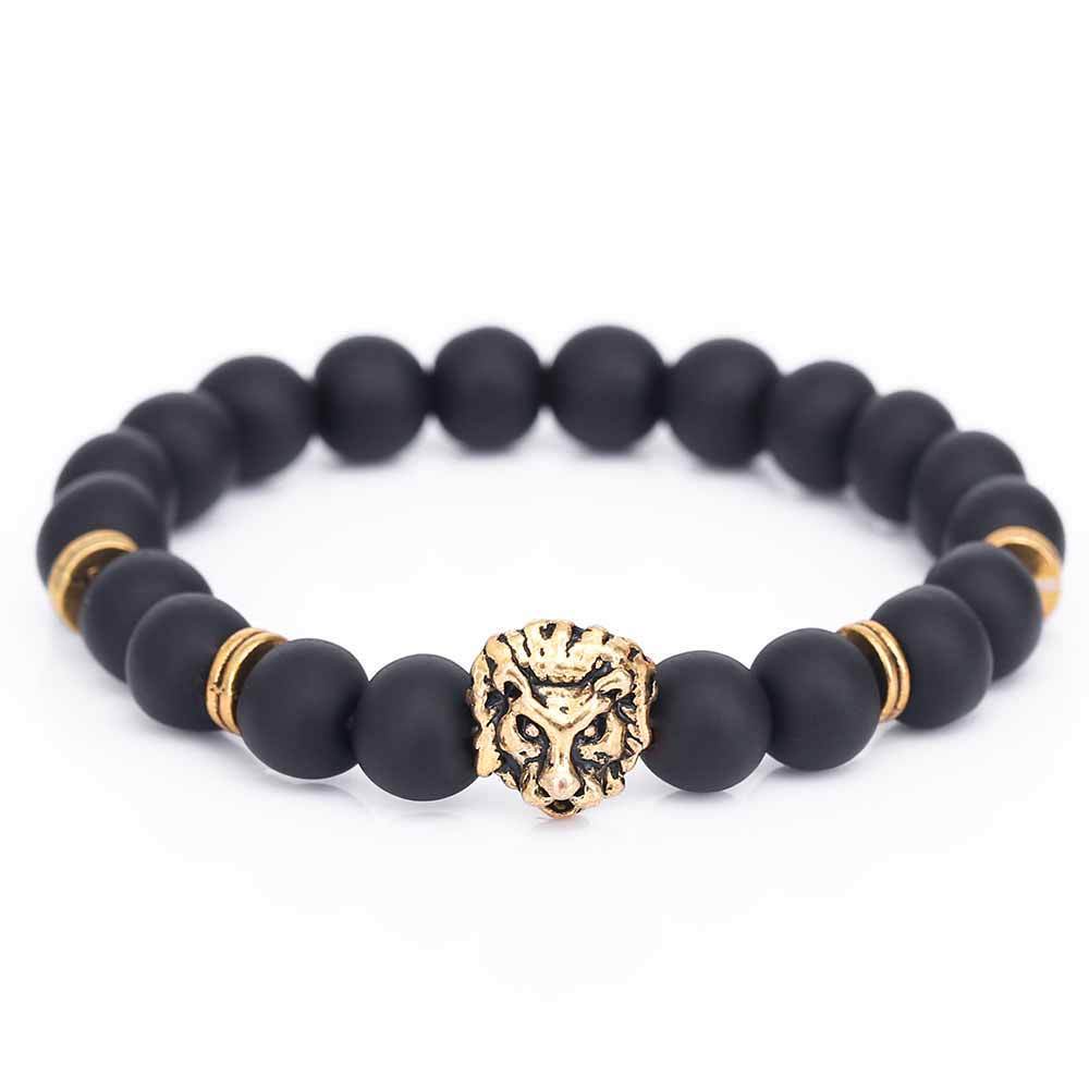 Dark Slate Gray Gold Buddha Lion Head Bracelet With Black Lava Stone