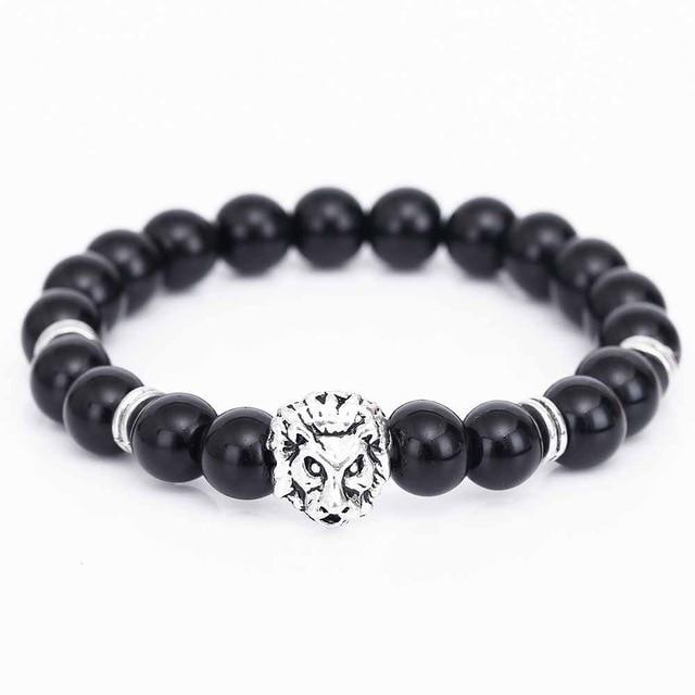 Dark Slate Gray Gold Buddha Lion Head Bracelet With Black Lava Stone